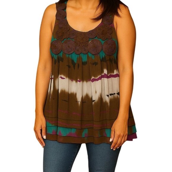 Eci New York Multicolor Boho Tank Top Size 8 Rosette Scoop Neck Sleeveless Flowy - Picture 1 of 7